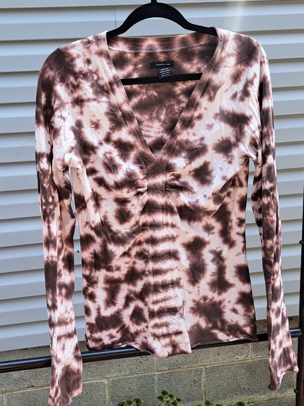 Calvin Klein Jeans Brown Tie-Dye V-Neck Ruched Long Sleeve Top